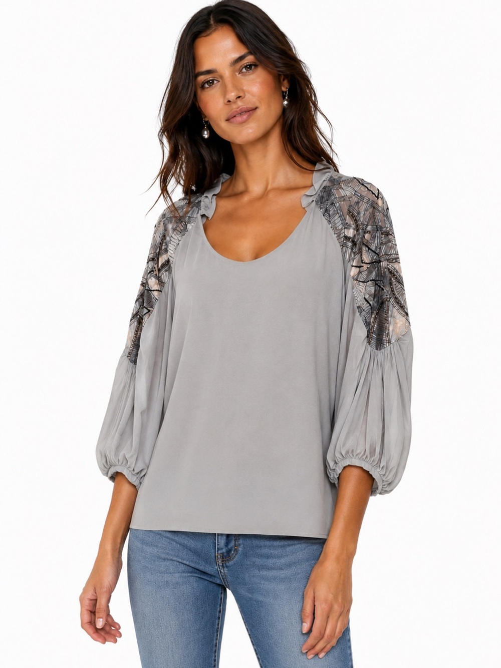 Sains by Anthropologie Gray Sheer Boho Blouse, Size - S